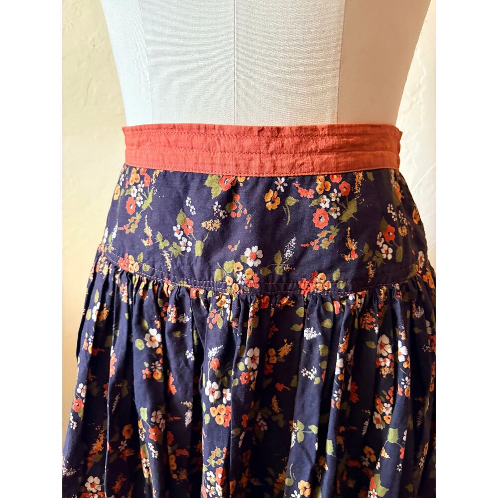Vintage 70s 80s Floral Prairie Midi Skirt Black Coral Boho Cottagecore S - Picture 3 of 7